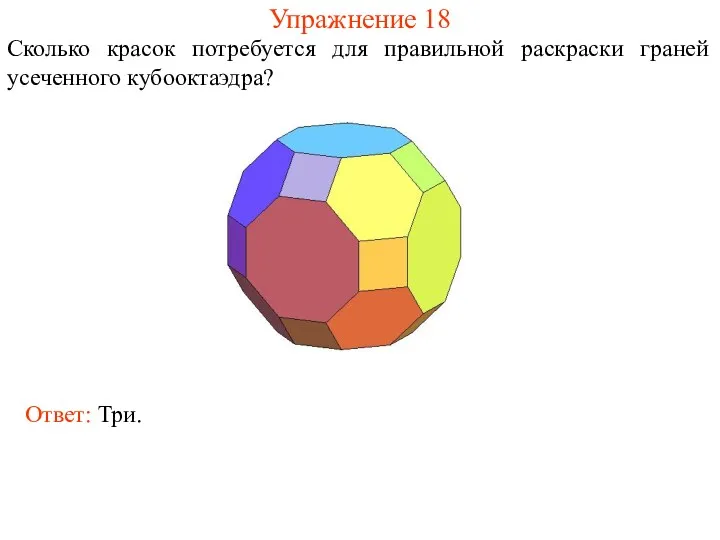 Упражнение 18 Сколько красок потребуется для правильной раскраски граней усеченного кубооктаэдра? Ответ: Три.