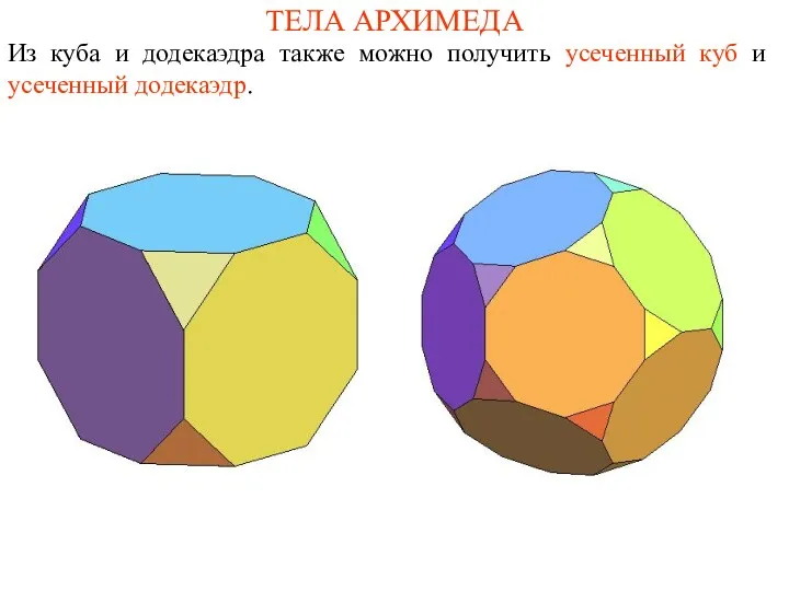 ТЕЛА АРХИМЕДА Из куба и додекаэдра также можно получить усеченный куб и усеченный додекаэдр.