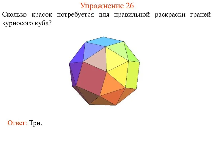 Упражнение 26 Сколько красок потребуется для правильной раскраски граней курносого куба? Ответ: Три.