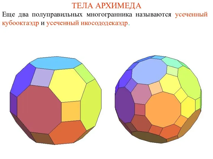 ТЕЛА АРХИМЕДА Еще два полуправильных многогранника называются усеченный кубооктаэдр и усеченный икосододекаэдр.