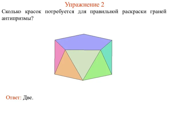 Упражнение 2 Сколько красок потребуется для правильной раскраски граней антипризмы? Ответ: Две.