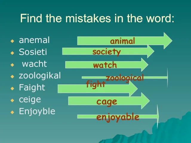 Find the mistakes in the word: anemal Sosieti wacht zoologikal Faight ceige Enjoyble