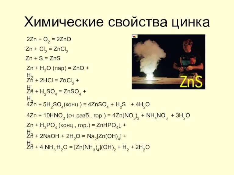 Химические свойства цинка Zn + H2O (пар) = ZnO +