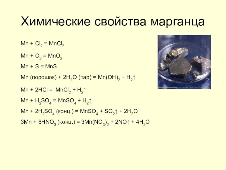 Химические свойства марганца Mn + Cl2 = MnCl2 Mn +