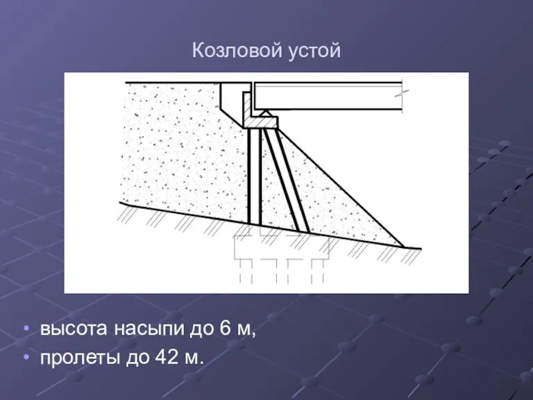 Козловой устой высота насыпи до 6 м, пролеты до 42 м.