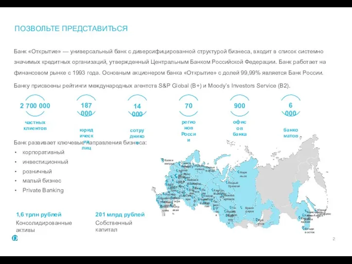 ПОЗВОЛЬТЕ ПРЕДСТАВИТЬСЯ Банк «Открытие» — универсальный банк с диверсифицированной структурой бизнеса, входит в