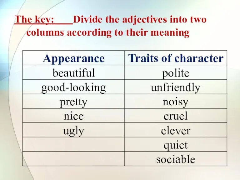 The key: Divide the adjectives into two columns according to their meaning