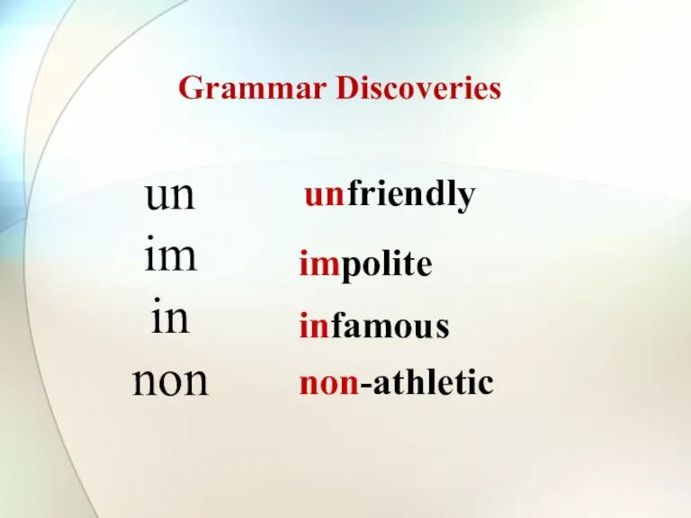 Grammar Discoveries un im in non unfriendly impolite infamous non-athletic
