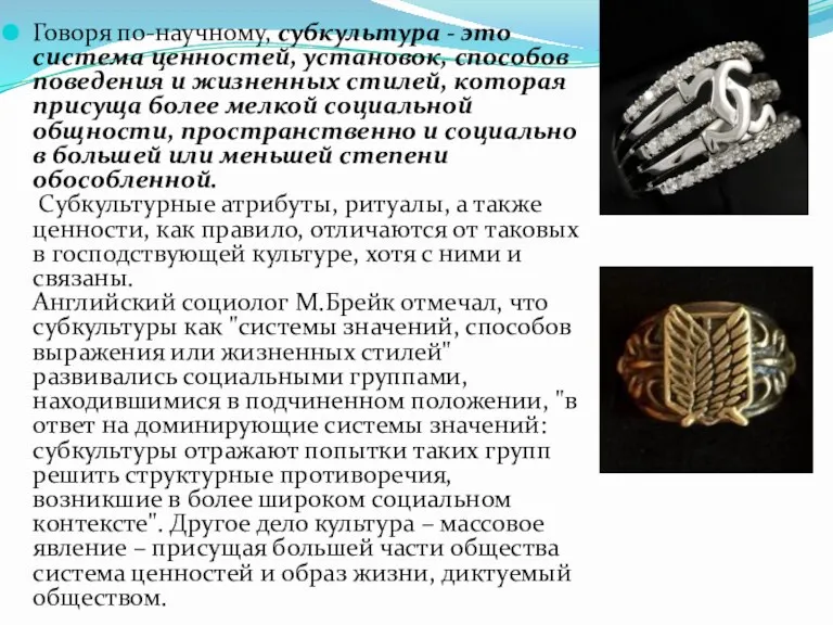 Говоря по-научному, субкультура - это система ценностей, установок, способов поведения