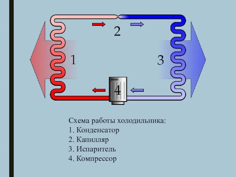 Схема работы холодильника: 1. Конденсатор 2. Капилляр 3. Испаритель 4. Компрессор