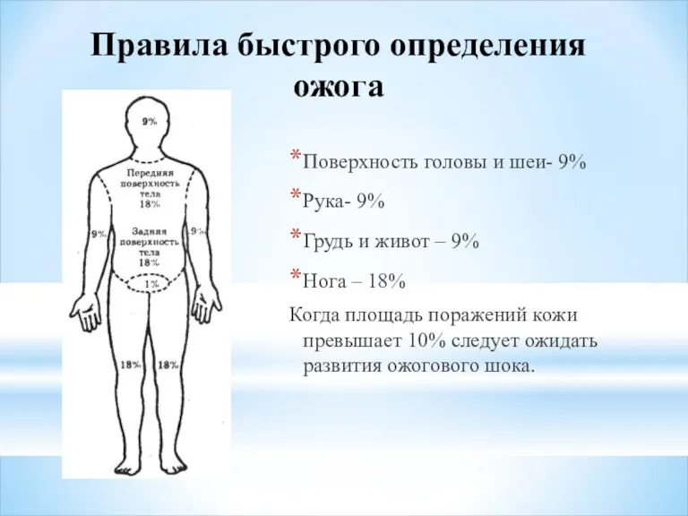 Правила быстрого определения ожога Поверхность головы и шеи- 9% Рука-