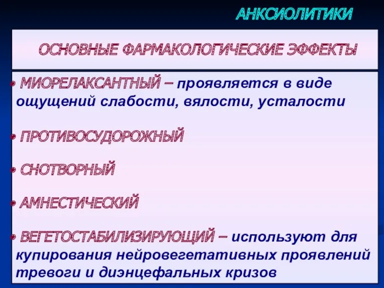 МИОРЕЛАКСАНТНЫЙ – проявляется в виде ощущений слабости, вялости, усталости ПРОТИВОСУДОРОЖНЫЙ