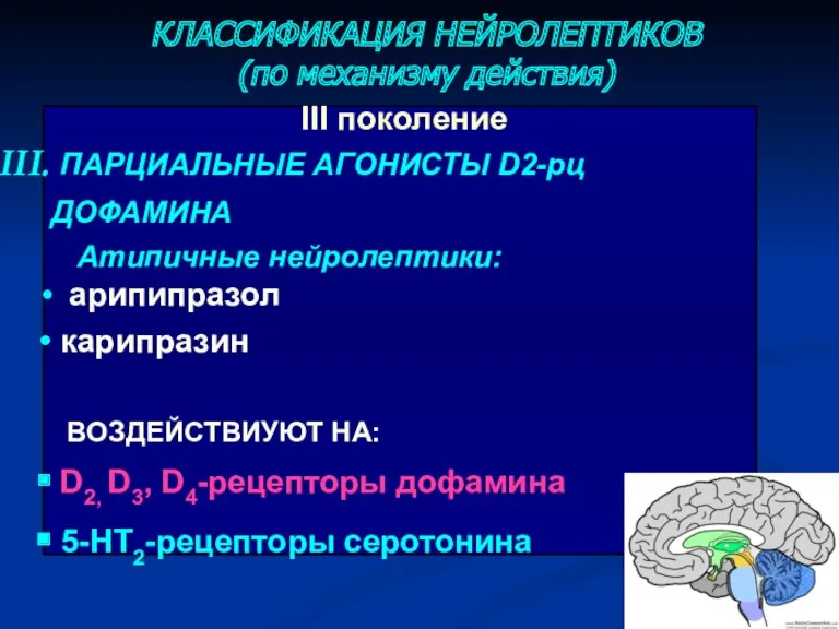 III поколение ПАРЦИАЛЬНЫЕ АГОНИСТЫ D2-рц ДОФАМИНА Атипичные нейролептики: арипипразол карипразин