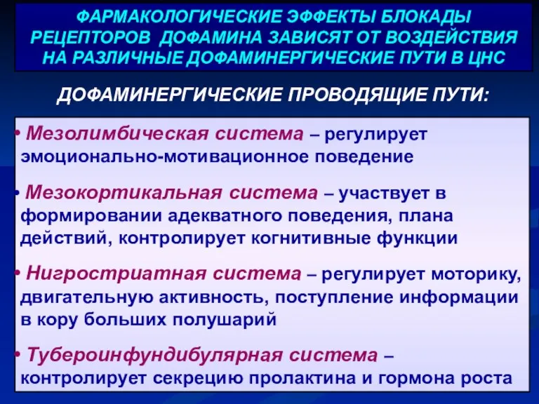 ДОФАМИНЕРГИЧЕСКИЕ ПРОВОДЯЩИЕ ПУТИ: Мезолимбическая система – регулирует эмоционально-мотивационное поведение Мезокортикальная