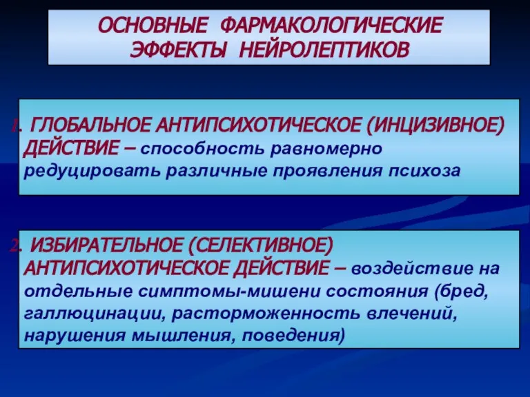 ОСНОВНЫЕ ФАРМАКОЛОГИЧЕСКИЕ ЭФФЕКТЫ НЕЙРОЛЕПТИКОВ ГЛОБАЛЬНОЕ АНТИПСИХОТИЧЕСКОЕ (ИНЦИЗИВНОЕ) ДЕЙСТВИЕ – способность