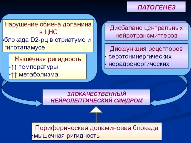 ПАТОГЕНЕЗ ЗЛОКАЧЕСТВЕННЫЙ НЕЙРОЛЕПТИЧЕСКИЙ СИНДРОМ Периферическая допаминовая блокада мышечная ригидность