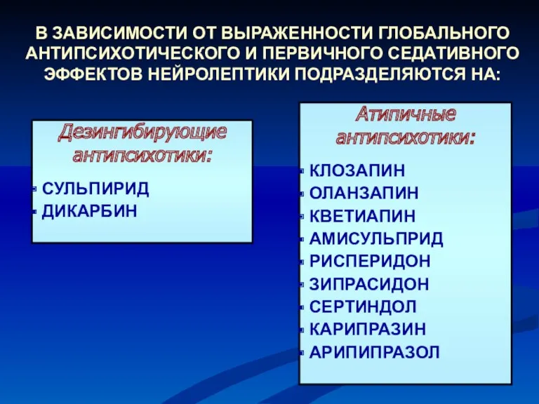 Дезингибирующие антипсихотики: СУЛЬПИРИД ДИКАРБИН В ЗАВИСИМОСТИ ОТ ВЫРАЖЕННОСТИ ГЛОБАЛЬНОГО АНТИПСИХОТИЧЕСКОГО