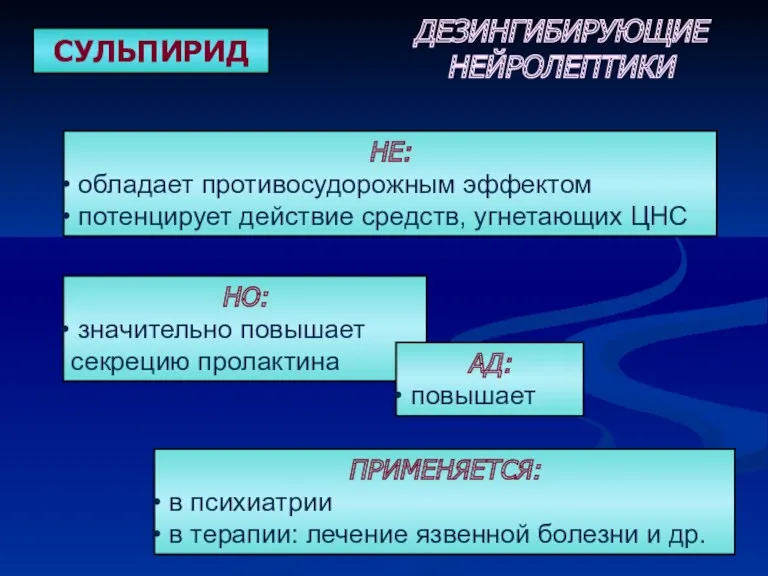 СУЛЬПИРИД НЕ: обладает противосудорожным эффектом потенцирует действие средств, угнетающих ЦНС