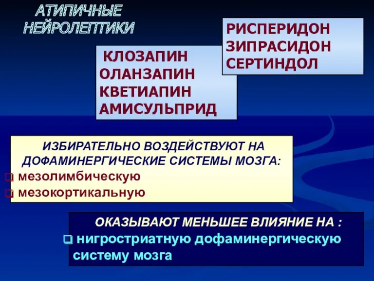 ИЗБИРАТЕЛЬНО ВОЗДЕЙСТВУЮТ НА ДОФАМИНЕРГИЧЕСКИЕ СИСТЕМЫ МОЗГА: мезолимбическую мезокортикальную АТИПИЧНЫЕ НЕЙРОЛЕПТИКИ