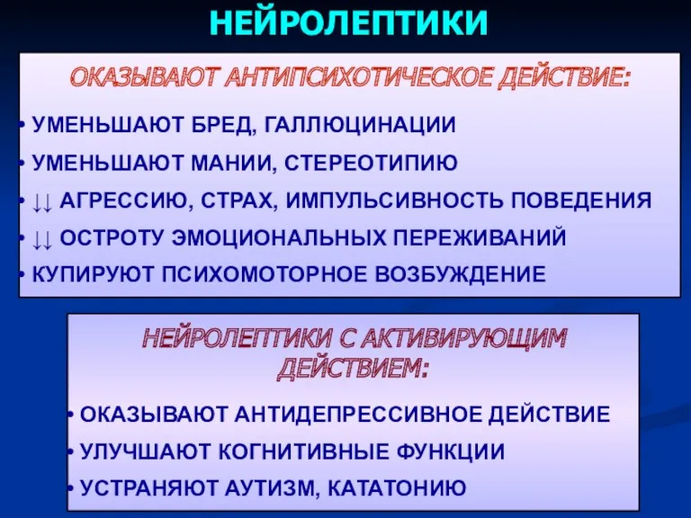 НЕЙРОЛЕПТИКИ ОКАЗЫВАЮТ АНТИПСИХОТИЧЕСКОЕ ДЕЙСТВИЕ: УМЕНЬШАЮТ БРЕД, ГАЛЛЮЦИНАЦИИ УМЕНЬШАЮТ МАНИИ, СТЕРЕОТИПИЮ