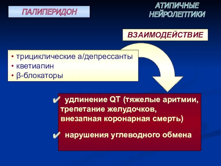 трициклические а/депрессанты кветиапин β-блокаторы удлинение QT (тяжелые аритмии, трепетание желудочков,