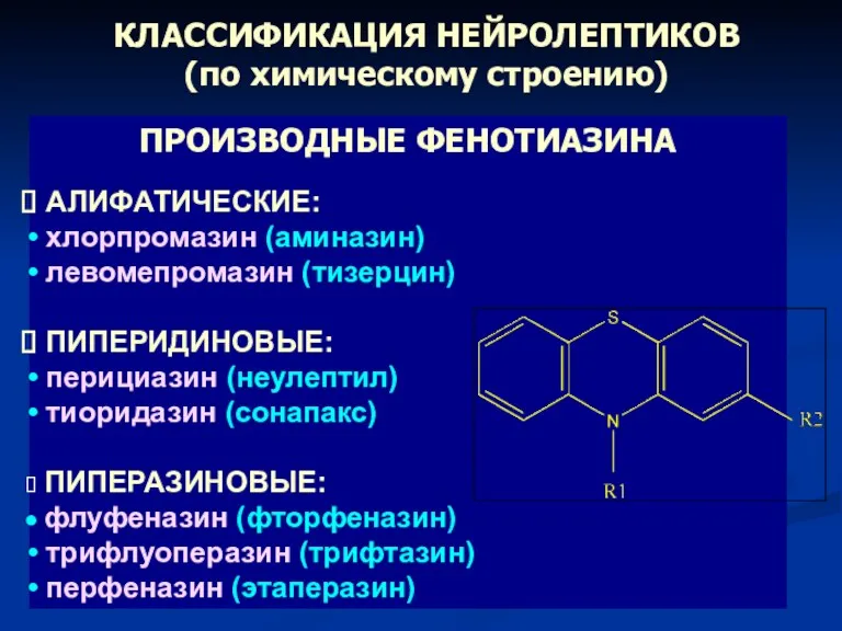 КЛАССИФИКАЦИЯ НЕЙРОЛЕПТИКОВ (по химическому строению) ПРОИЗВОДНЫЕ ФЕНОТИАЗИНА АЛИФАТИЧЕСКИЕ: хлорпромазин (аминазин)