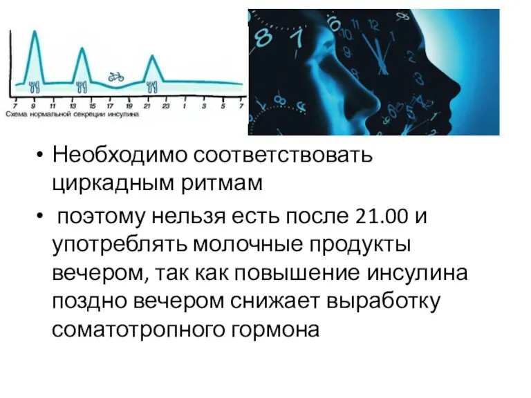 Необходимо соответствовать циркадным ритмам поэтому нельзя есть после 21.00 и