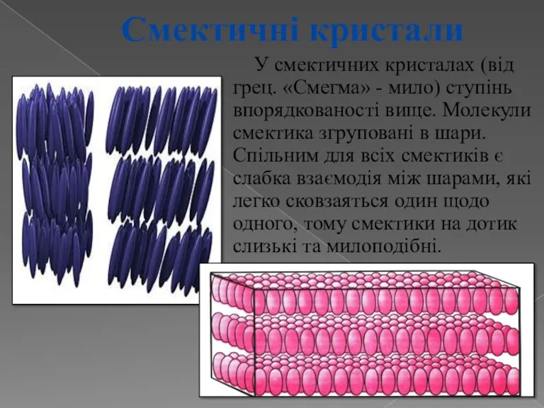 Смектичні кристали У смектичних кристалах (від грец. «Смегма» - мило)