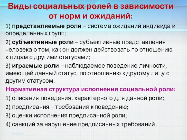 Виды социальных ролей в зависимости от норм и ожиданий: 1)