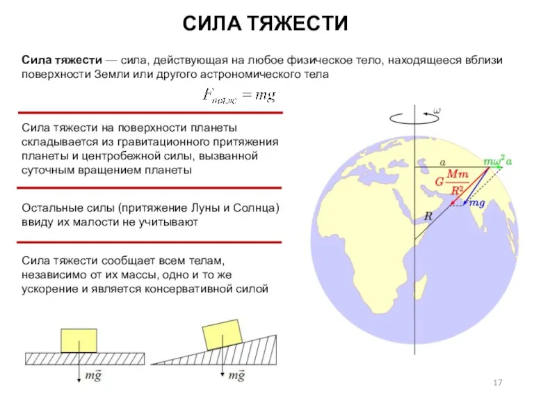 СИЛА ТЯЖЕСТИ Сила тяжести на поверхности планеты складывается из гравитационного