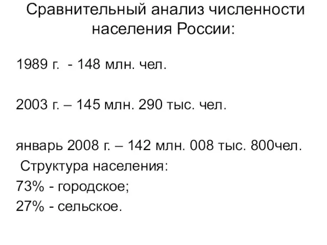 Сравнительный анализ численности населения России: 1989 г. - 148 млн.