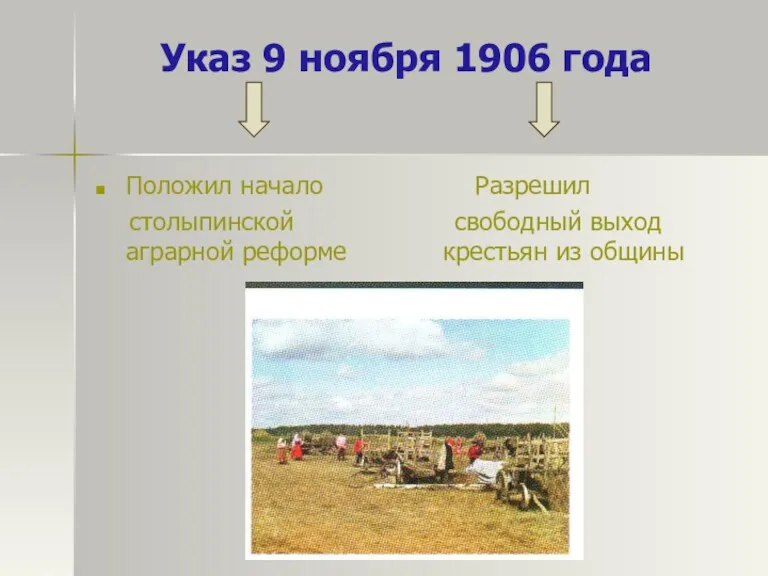 Указ 9 ноября 1906 года Положил начало Разрешил столыпинской свободный выход аграрной реформе крестьян из общины