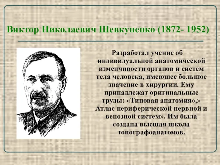 Виктор Николаевич Шевкуненко (1872- 1952) Разработал учение об индивидуальной анатомической