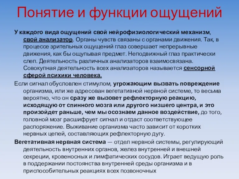 Понятие и функции ощущений У каждого вида ощущений свой нейрофизиологический