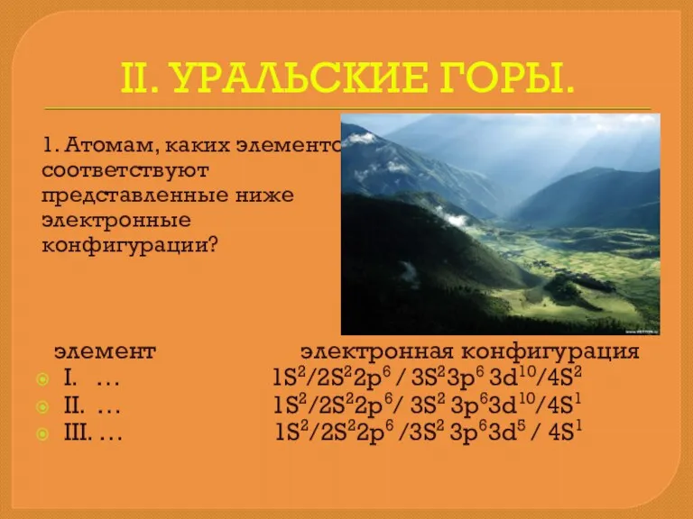 II. УРАЛЬСКИЕ ГОРЫ. 1. Атомам, каких элементов соответствуют представленные ниже