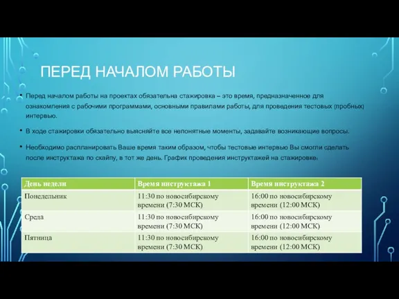 ПЕРЕД НАЧАЛОМ РАБОТЫ Перед началом работы на проектах обязательна стажировка