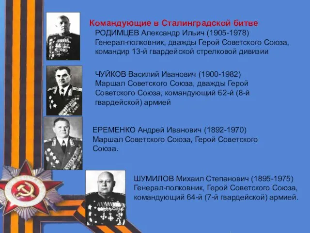 Командующие в Сталинградской битве РОДИМЦЕВ Александр Ильич (1905-1978) Генерал-полковник, дважды