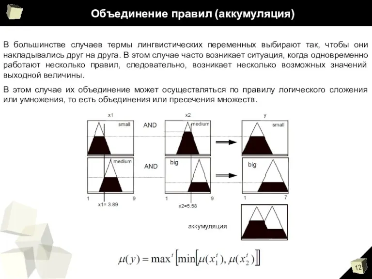 Объединение правил (аккумуляция) В большинстве случаев термы лингвистических переменных выбирают так, чтобы они