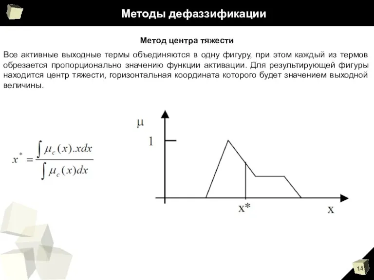 Методы дефаззификации Метод центра тяжести Все активные выходные термы объединяются