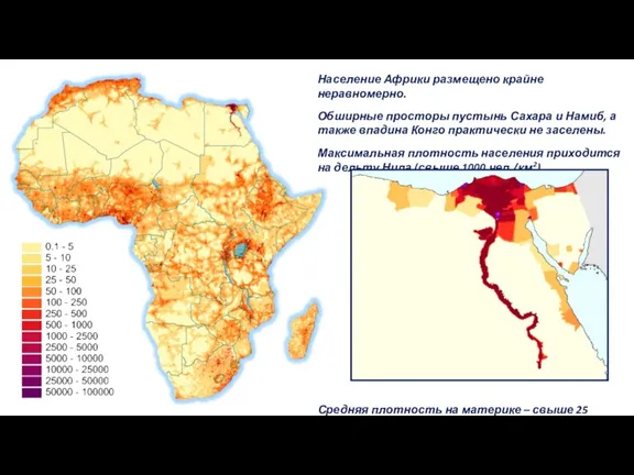 Население Африки размещено крайне неравномерно. Обширные просторы пустынь Сахара и