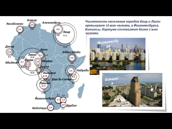 Численность населения городов Каир и Лагос превышает 10 млн человек,
