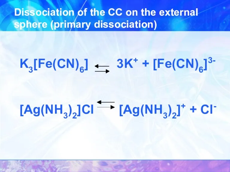 K3[Fe(CN)6] 3K+ + [Fe(CN)6]3- [Ag(NH3)2]Cl [Ag(NH3)2]+ + Cl- Dissociation of