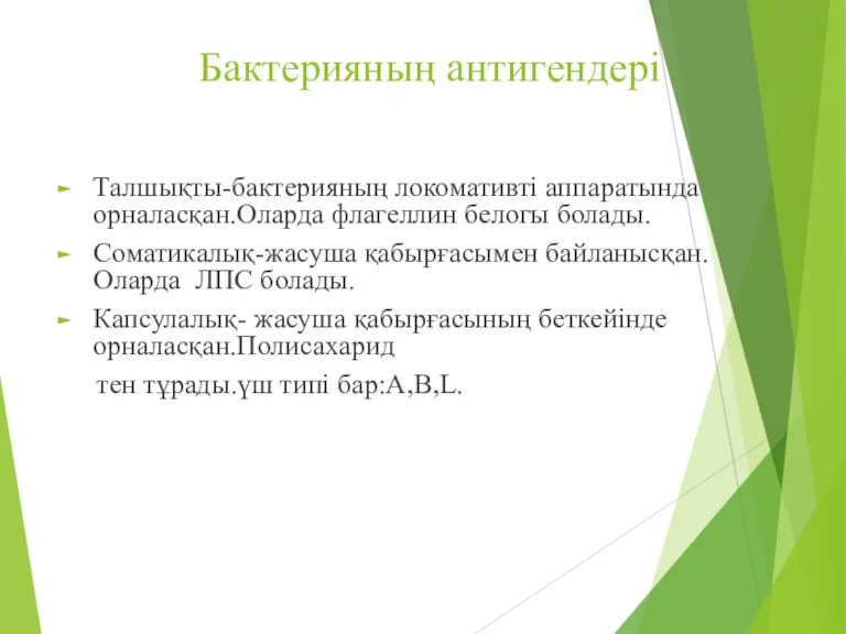 Бактерияның антигендері Талшықты-бактерияның локомативті аппаратында орналасқан.Оларда флагеллин белогы болады. Соматикалық-жасуша