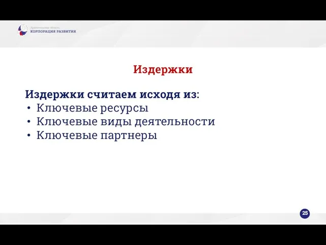 Издержки Издержки считаем исходя из: Ключевые ресурсы Ключевые виды деятельности Ключевые партнеры 25