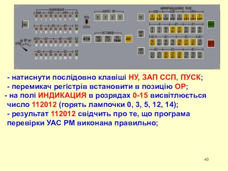 - натиснути послідовно клавіші НУ, ЗАП ССП, ПУСК; - перемикач