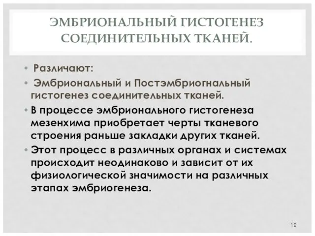 ЭМБРИОНАЛЬНЫЙ ГИСТОГЕНЕЗ СОЕДИНИТЕЛЬНЫХ ТКАНЕЙ. Различают: Эмбриональный и Постэмбриогнальный гистогенез соединительных