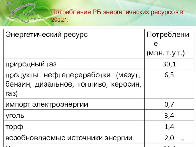 Потребление РБ энергетических ресурсов в 2012г.