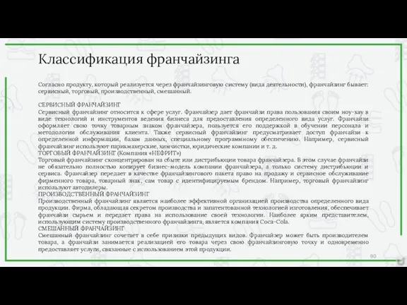 Классификация франчайзинга Согласно продукту, который реализуется через франчайзинговую систему (вида деятельности), франчайзинг бывает: