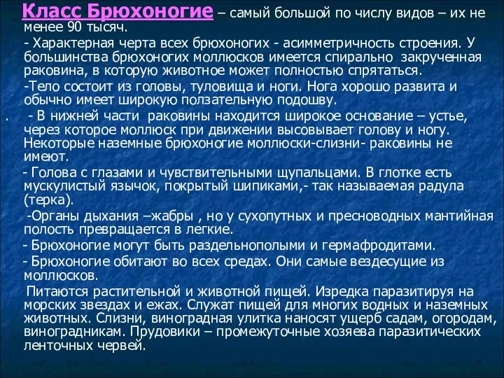 Класс Брюхоногие – самый большой по числу видов – их не менее 90