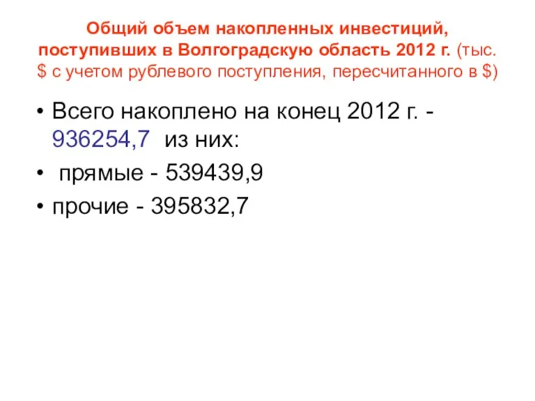 Общий объем накопленных инвестиций, поступивших в Волгоградскую область 2012 г.